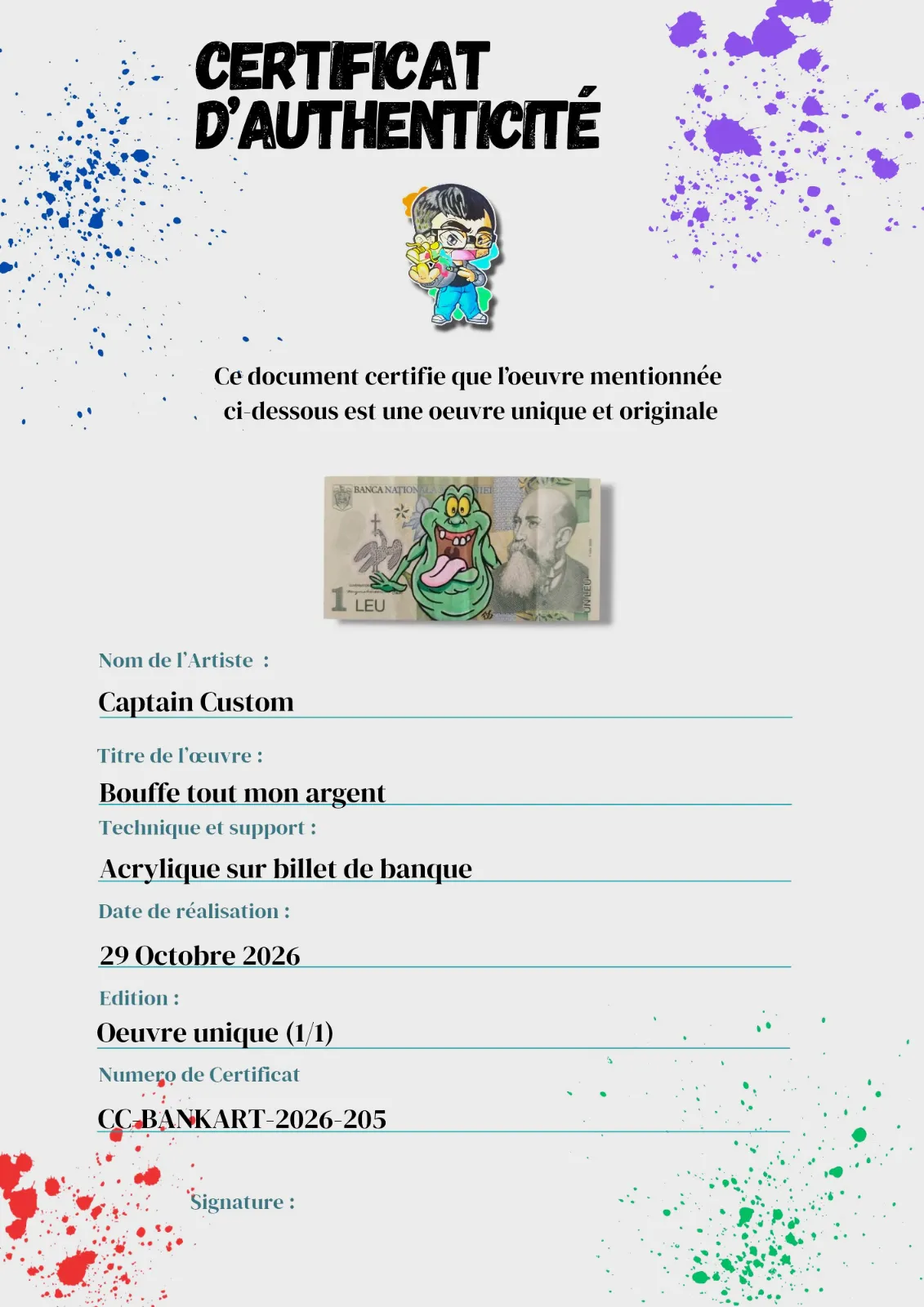 Œuvre Money Art "Bouffe tout mon argent" - Bouffe-tout sur billet de Roumanie – CAPTAIN CUSTOM 5