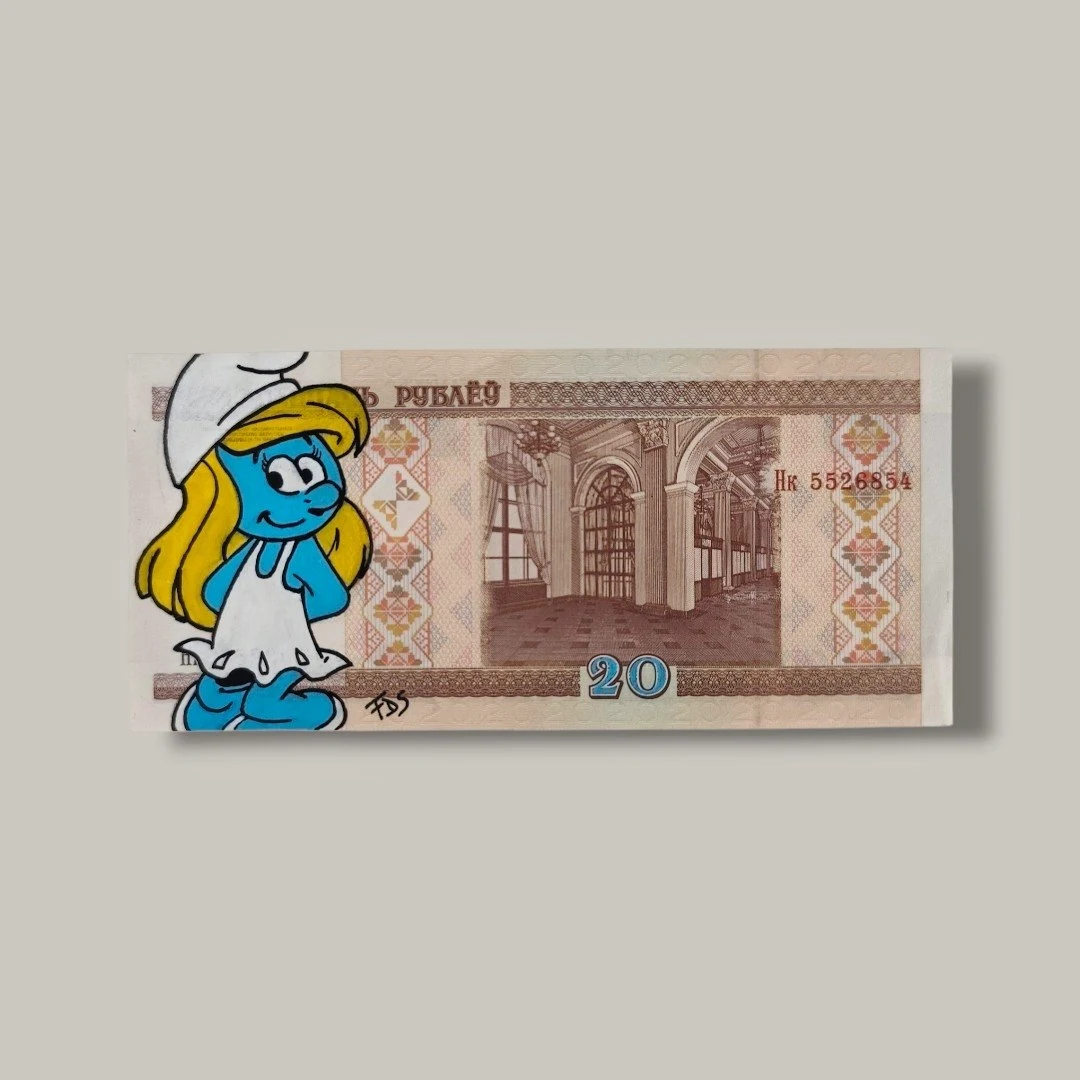 Œuvre Unique Pop Art : La Schtroumpfette sur un vrai billet de Bielorussie
