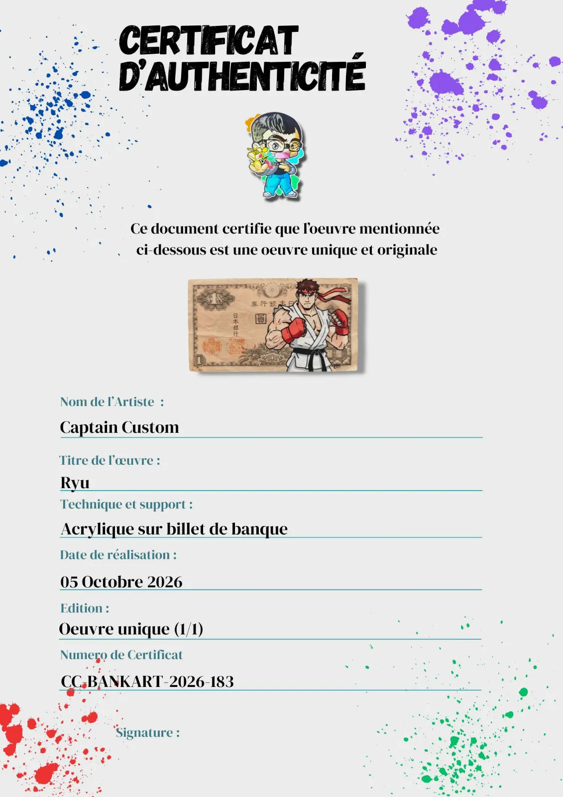 Œuvre Pop Art "Ryu Street Fighter" sur Billet de 1 Yen Japonais Authentique – CAPTAIN CUSTOM 4