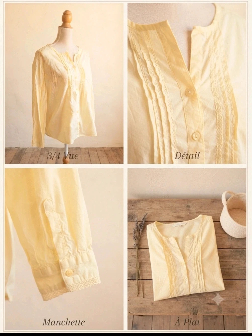 Chemise/blouse femme In Extenso jaune pastel détails brodés & Dentelle – In Extenso – taille M / 38 / 10 2