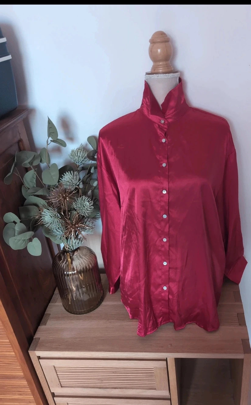 Chemise femme satinée fushia rouge intense brillante - Style preppy chic - Taille S ultra tendance