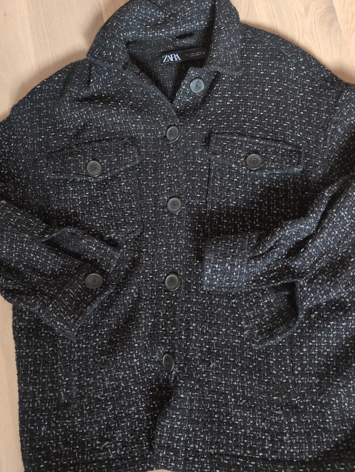 Zara Veste chemise Oversize Taille S Noir et argenté Effet Tweed