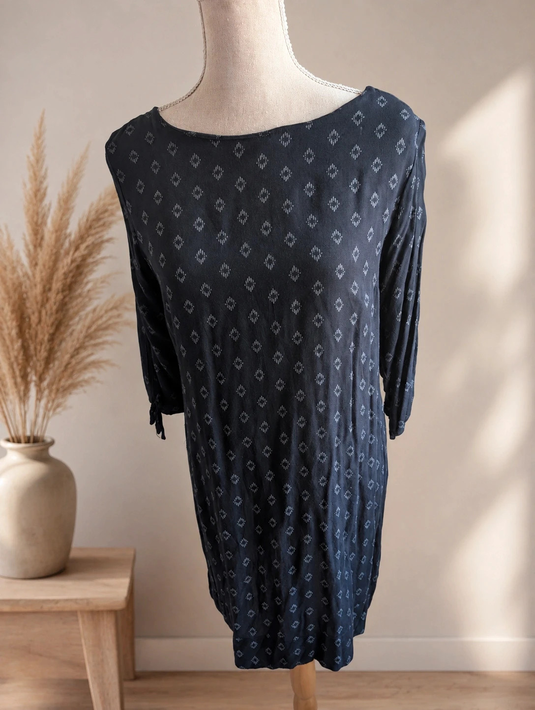 Robe TEX – Taille M – 100 % viscose – Robe bleu fluide à motifs – Manches 3/4 – chic et tendance