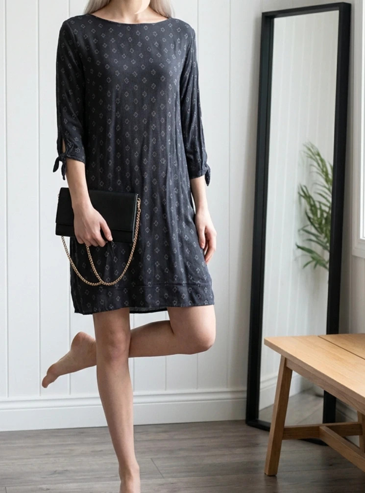 Robe TEX – Taille M – 100 % viscose – Robe bleu fluide à motifs – Manches 3/4 – chic et tendance – TEX – taille M / 38 / 10 3