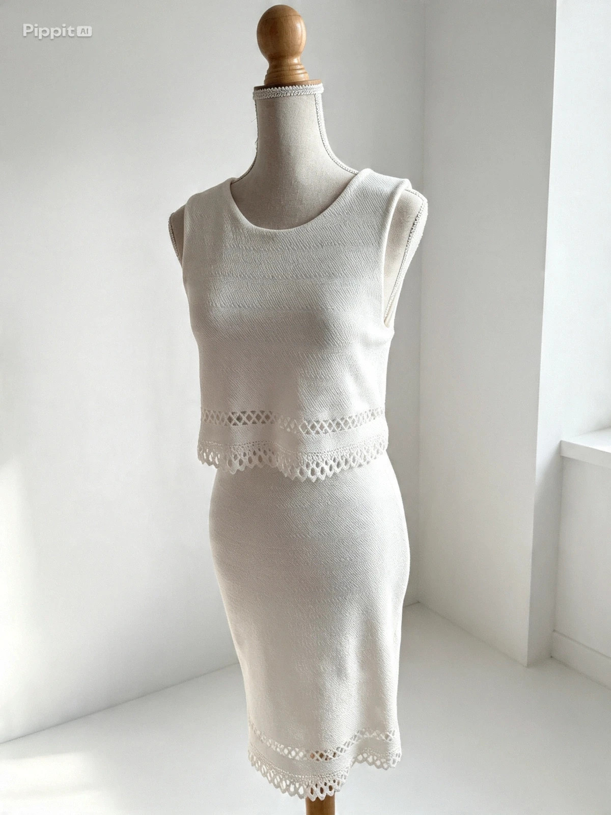 Robe New Look T42 blanc chic – crop top en maille – Cérémonie, mariage, été – New Look – taille XL / 42 / 14 5