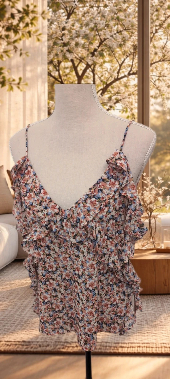 Zara - Haut fleuri à volants femme XS - Top fleuri à fines bretelles Style Bohème