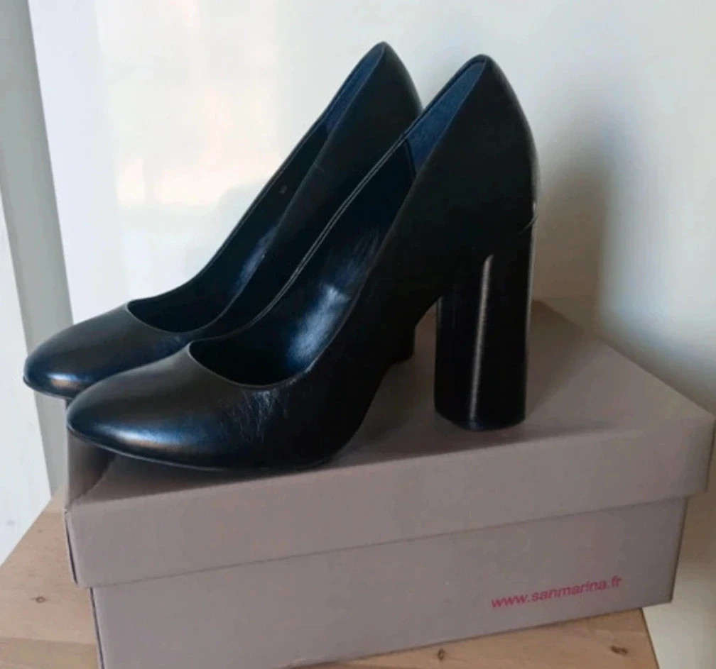 Escarpins noirs en cuir véritable San Marina à talons hauts épais - Pointure 39 – Tendance – taille 39 2