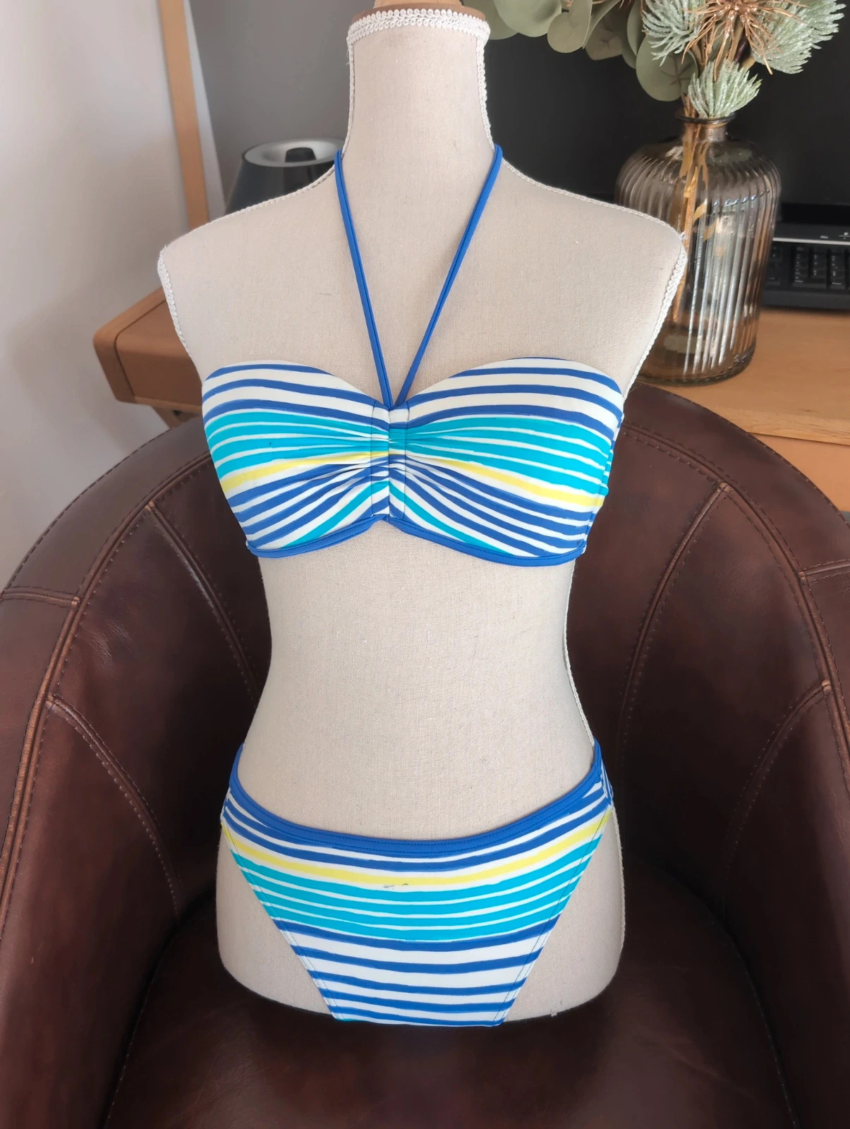 Bikini bandeau rayé bleu Turquoise Tribord - T38 / 90C 💙 maillot de bain 2 pièces été plage – Tendance – taille M / 38 / 10 3