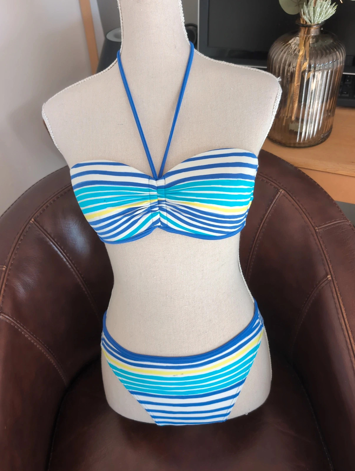 Bikini bandeau rayé bleu Turquoise Tribord - T38 / 90C 💙 maillot de bain 2 pièces été plage