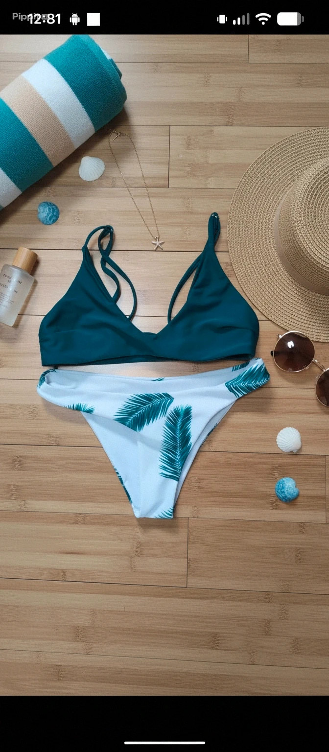 Maillot de bain 2 pièces Zaful S vert tropical | bikini femme été plage très bon état