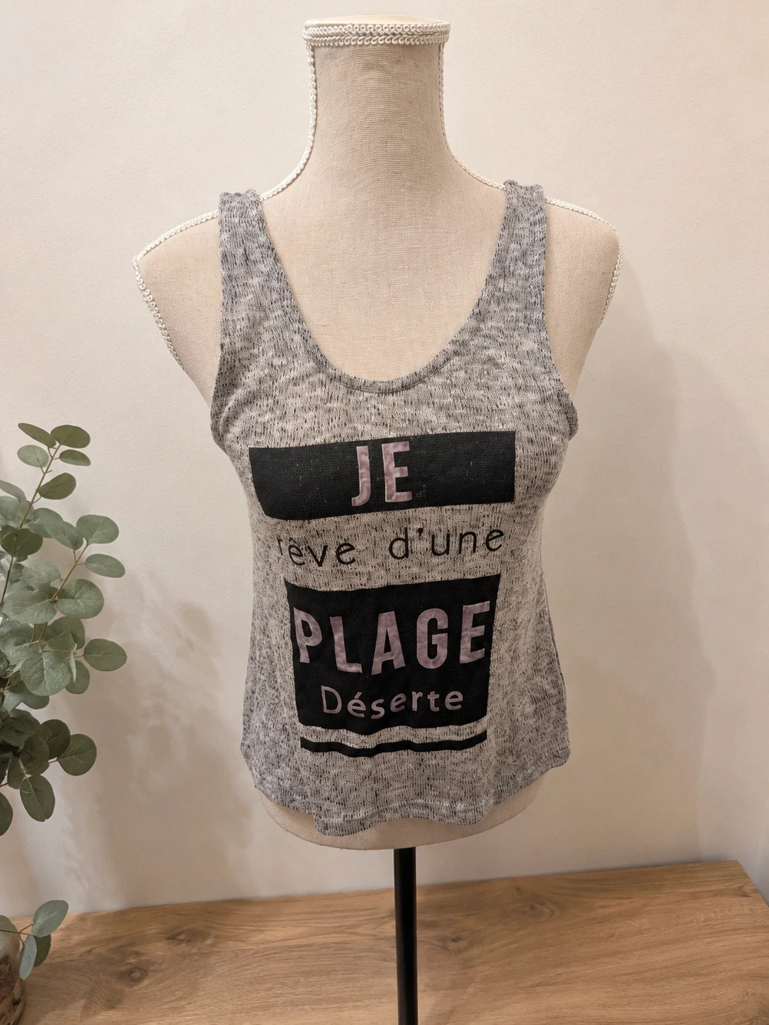 Débardeur femme gris chiné imprimé Je rêve d'une plage déserte - Jennyfer – Taille S Style casual