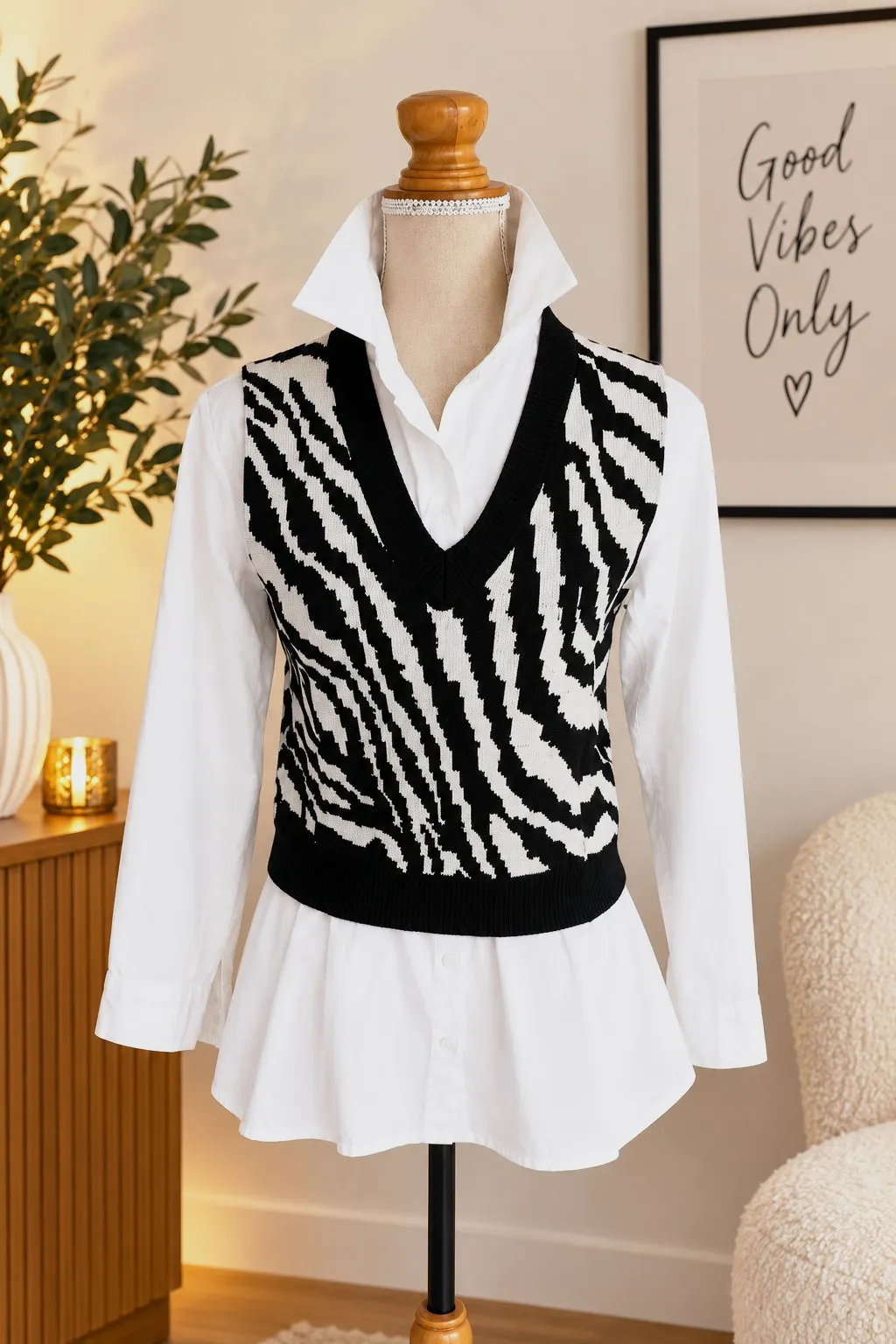 Pull sans manches zèbre chemise blanche femme Tendance chic - Giracoo - Taille M – Giracoo – taille M 6