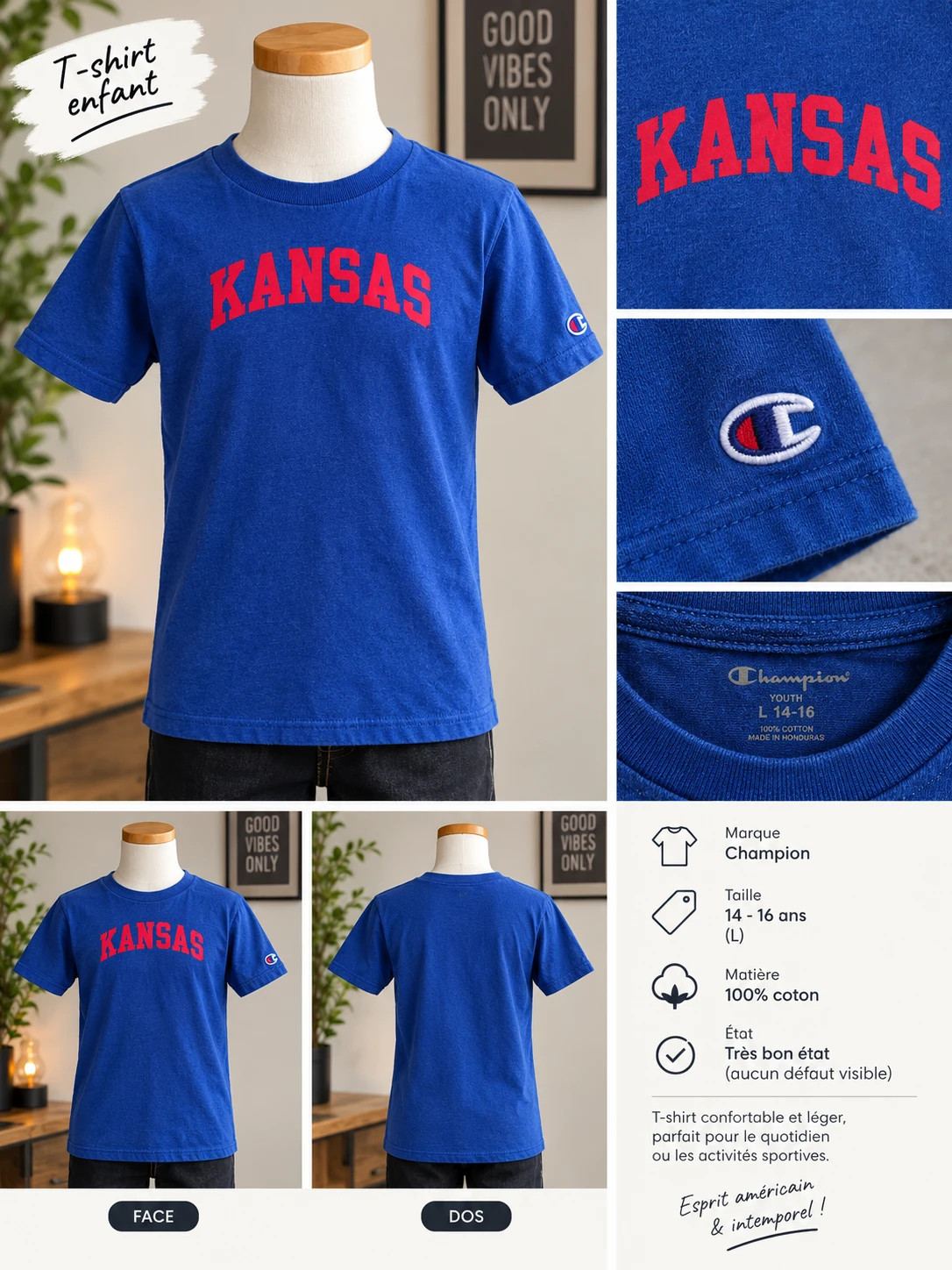 T Shirt Ado Champion Kansas taille 14-16ans bleu
