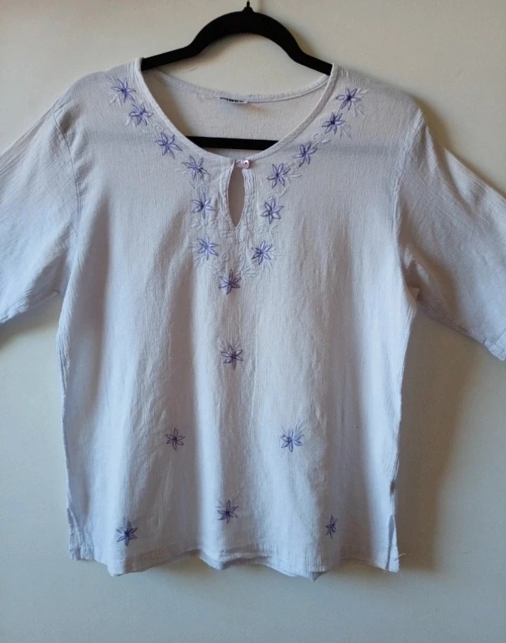 Top blusa broderie embroidery floral 100 cotton ibicenca boho chic vintage L – Pinky – taille L / 40 / 12