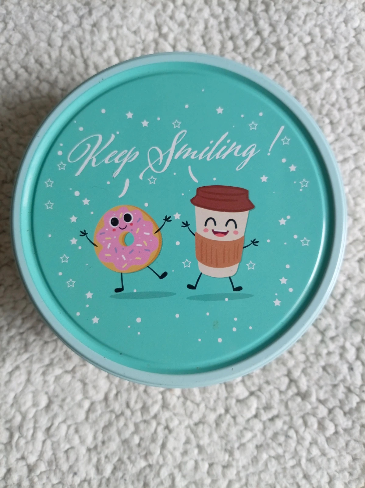Caja metalica Keep Smiling donut cafe biscuit tin box 14 cm – Local