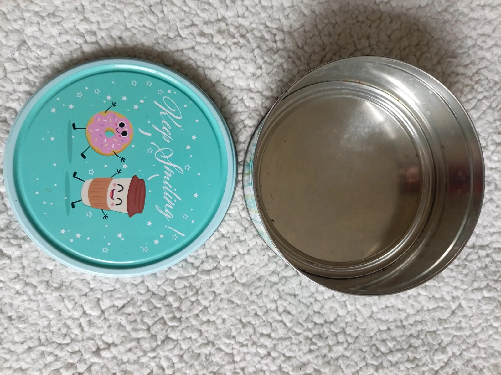 Caja metalica Keep Smiling donut cafe biscuit tin box 14 cm – Local 3