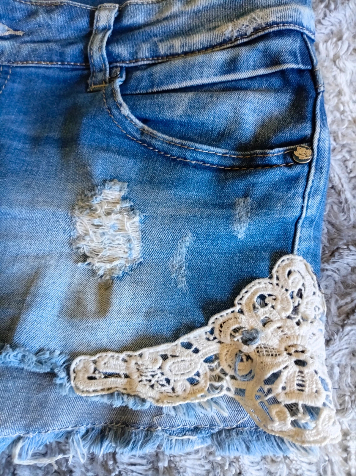 Boho Denim Shorts Lace Shorts Vaqueros Encaje L XL – ye bo mei – taille XL / 42 / 14 2