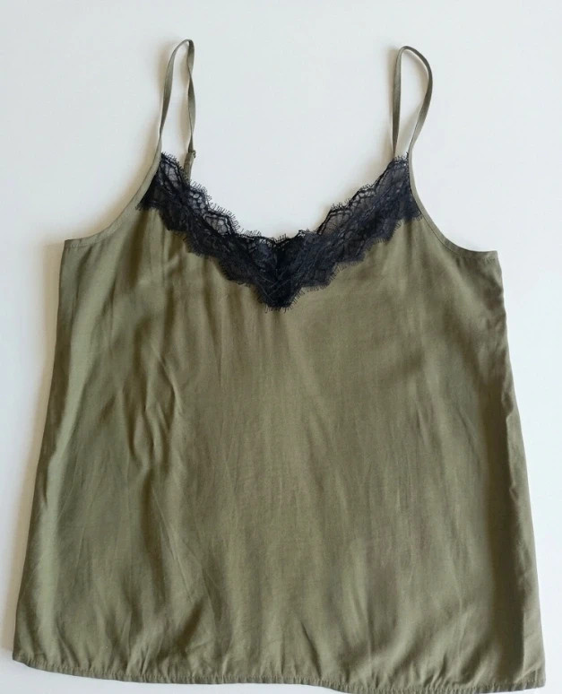Top Lencero Verde Caqui Satin Tank Top Lace Dentelle talla M