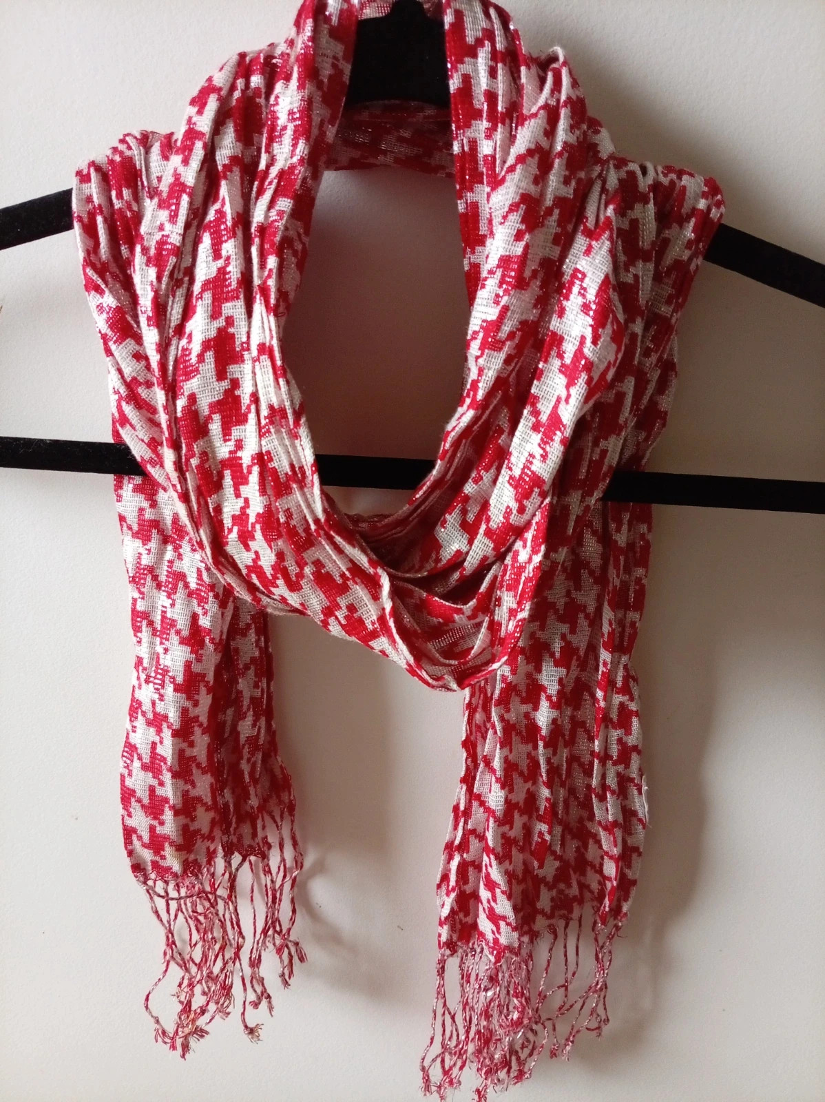 Fular Pata de Gallo Rojo Brillos Plata Foulard Pied de Poule Rouge Argent Houndstooth Scarf Lurex