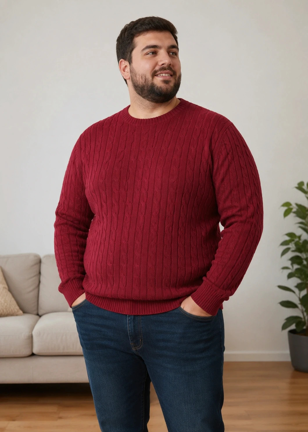 Suéter rojo de punto trenzado. Talla 2XL – sueter – taille XXL