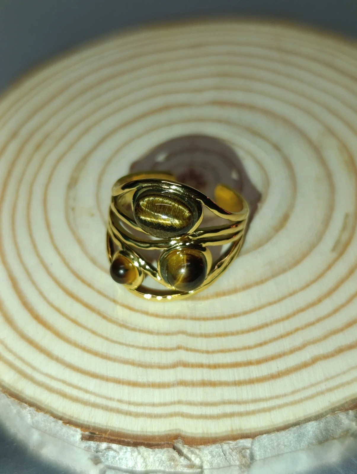 Anillo ajustable acero dorado Ojo de Tigre