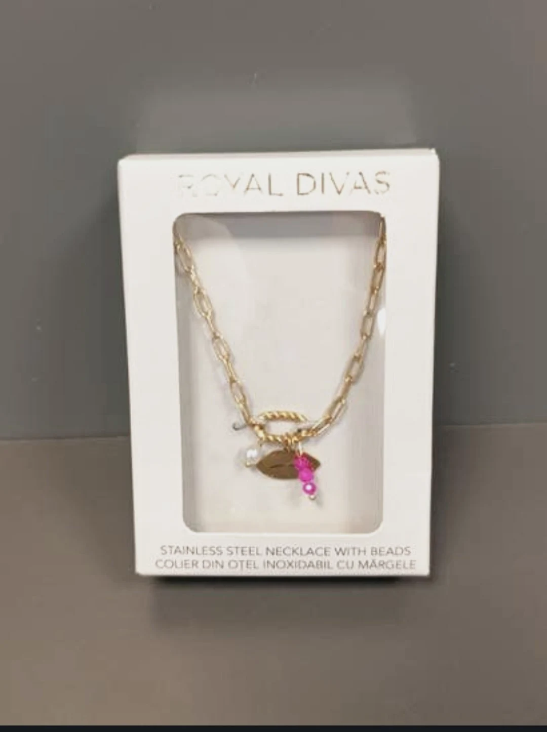 Collar acero dorado abalorios dorados y rosas Royal Divas 49cms