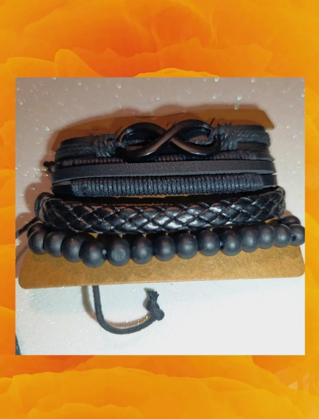 Conjunto pulsera negra cuero sintetico Fashion Jewelry