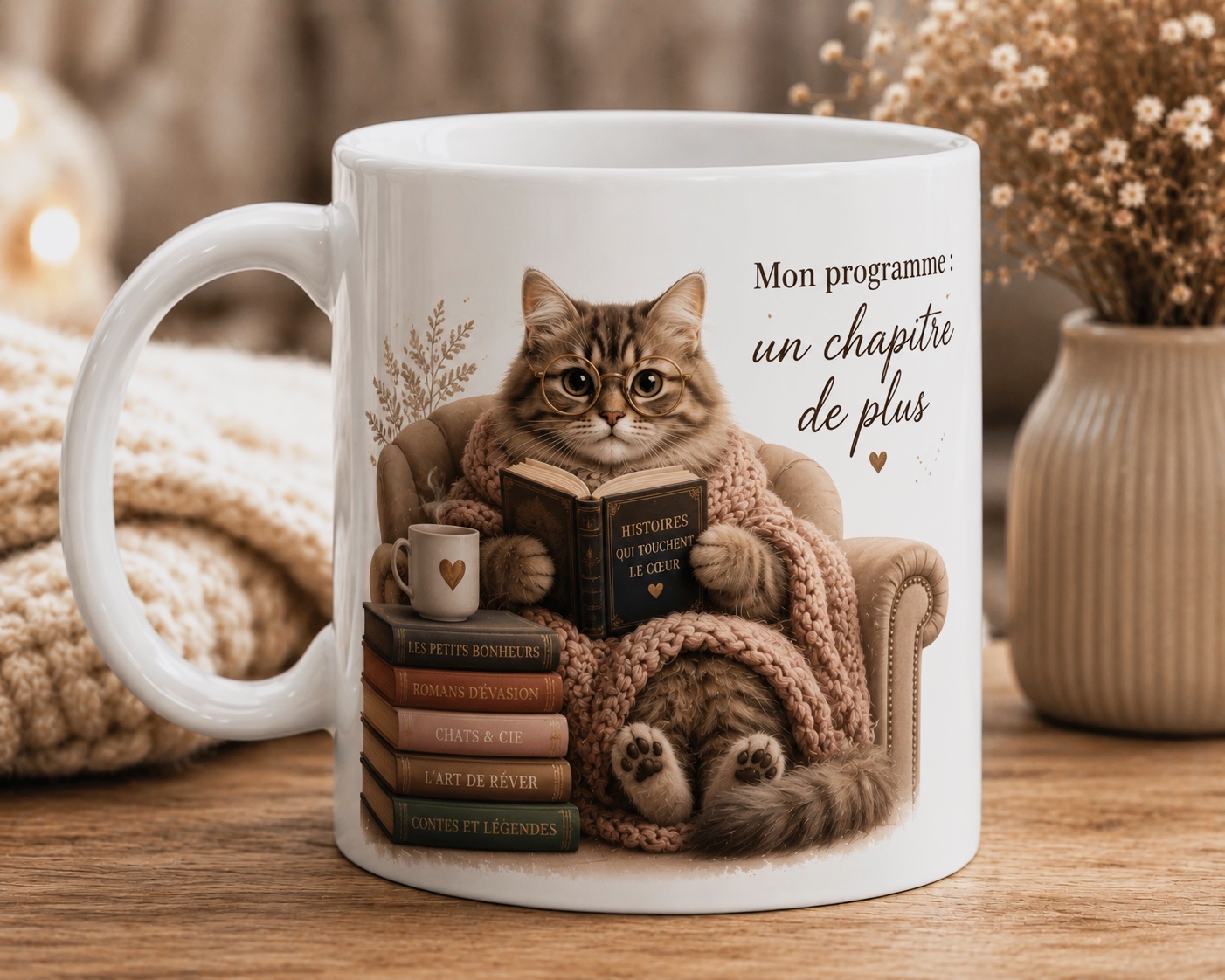 Mug blanc chat lecteur et livres
