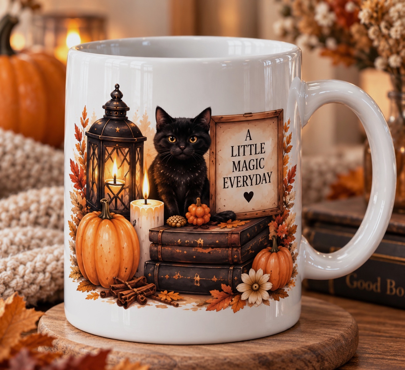 Mug automne cosy avec chat noir et citrouilles – Personnalisable prénom 