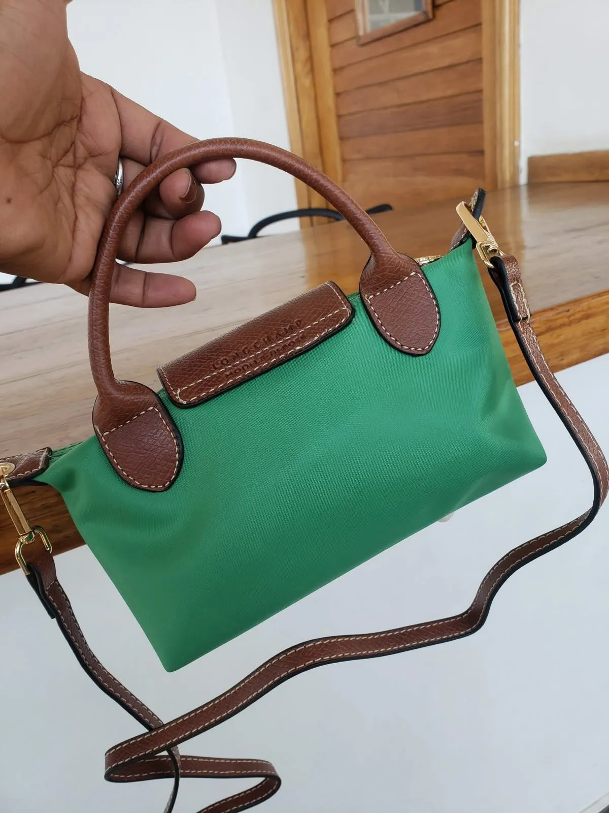Sac à main vert et marron style Longchamp 2