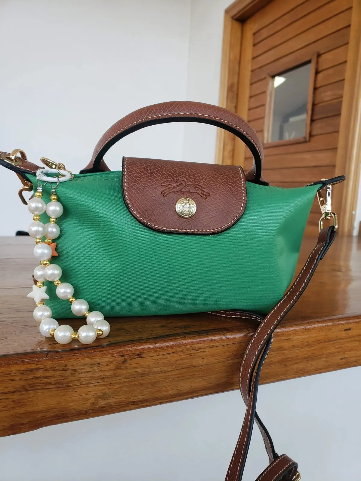 Sac à main vert et marron style Longchamp