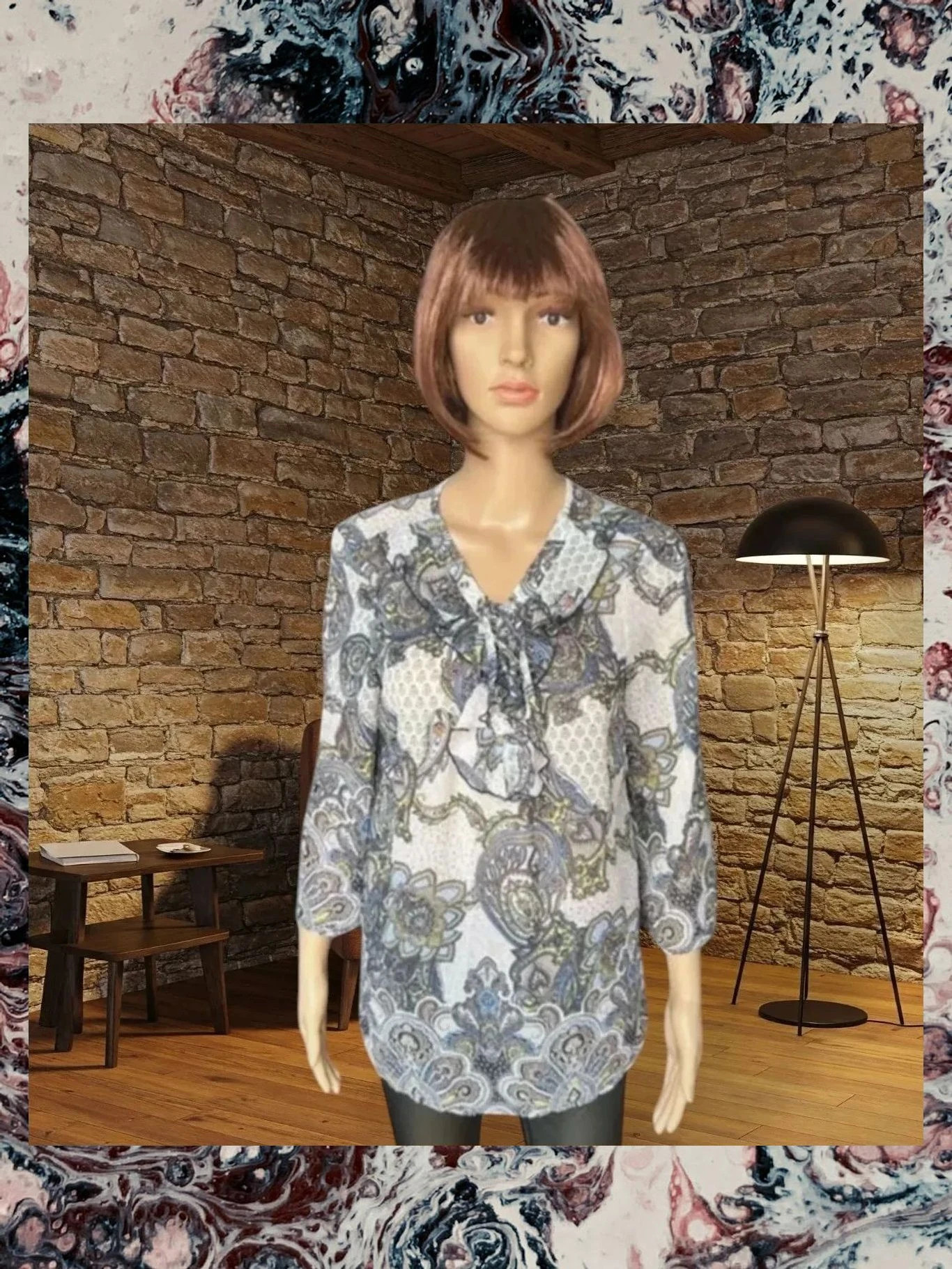 Blusa estampada floral tonos azules, grises y verdes talla 38