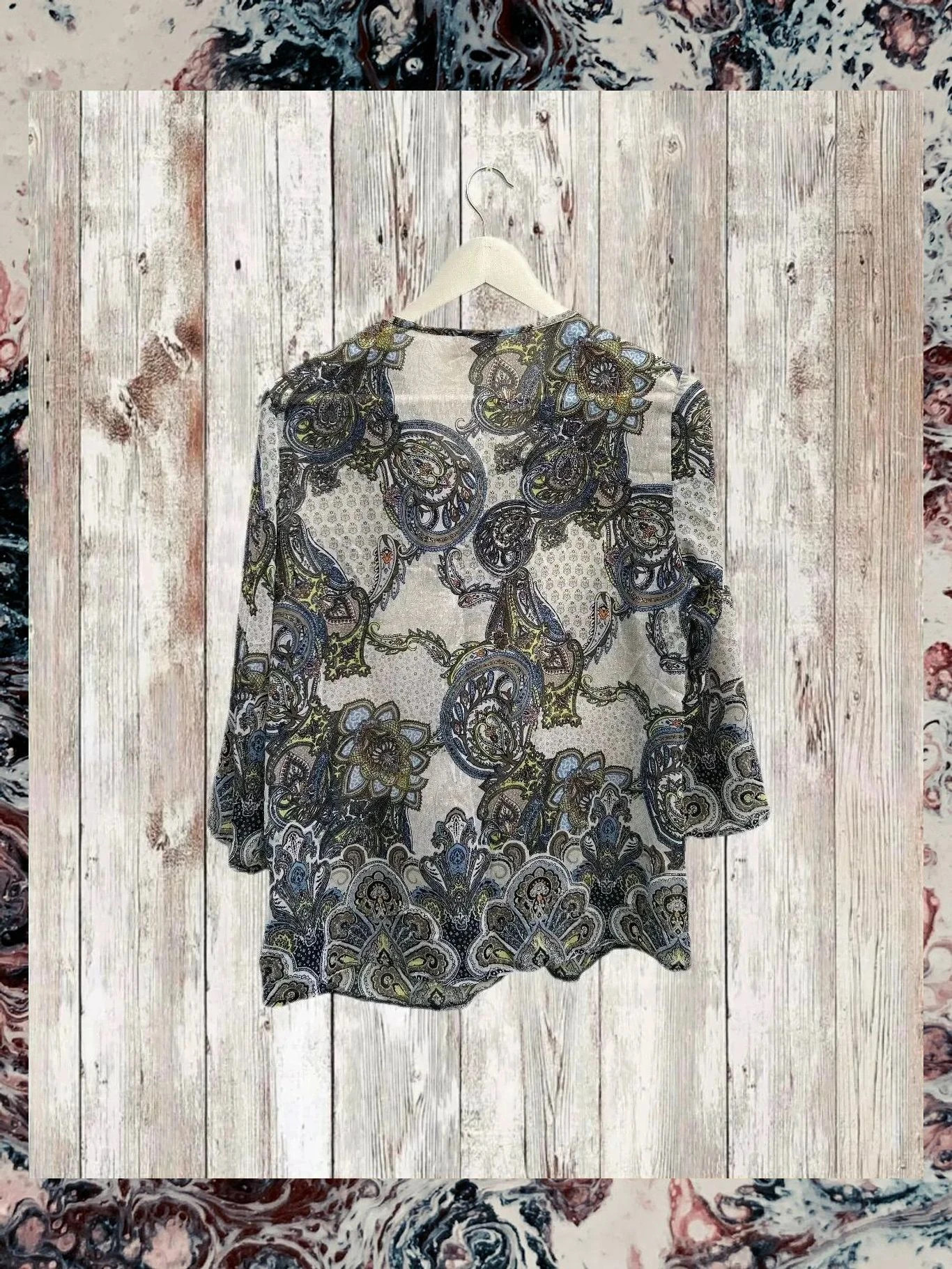 Blusa estampada floral tonos azules, grises y verdes talla 38 – Canda – taille M / 38 / 10 5