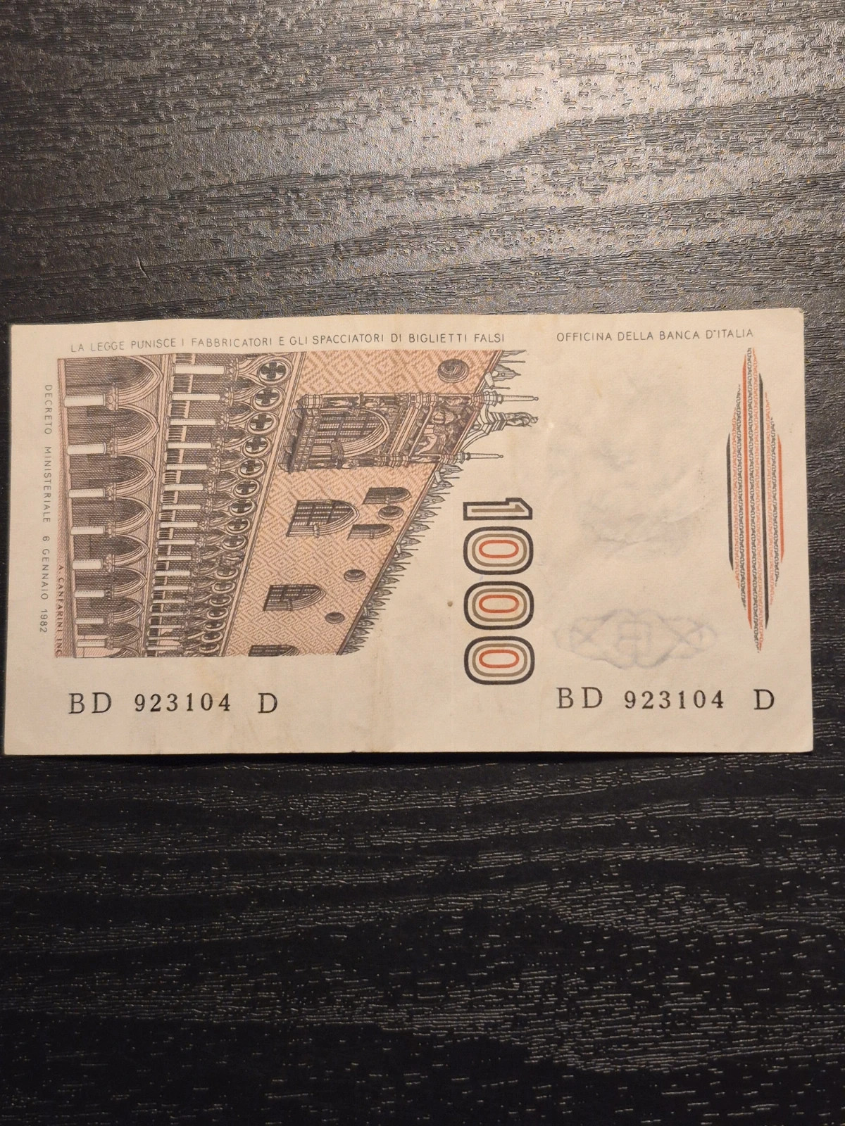 Billet 1000 Lire Italienne Marco Polo Banca d'Italia 1982 N° BD 923104 D 5