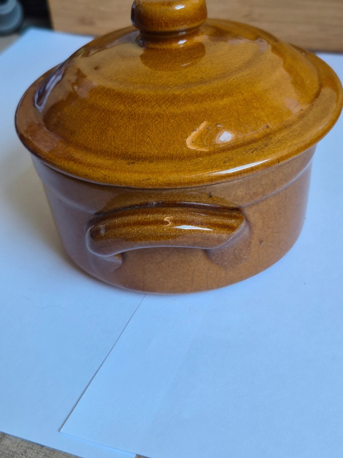 Mini cocotte grès ancienne jaune ocre individuelle couvercle vintage 2