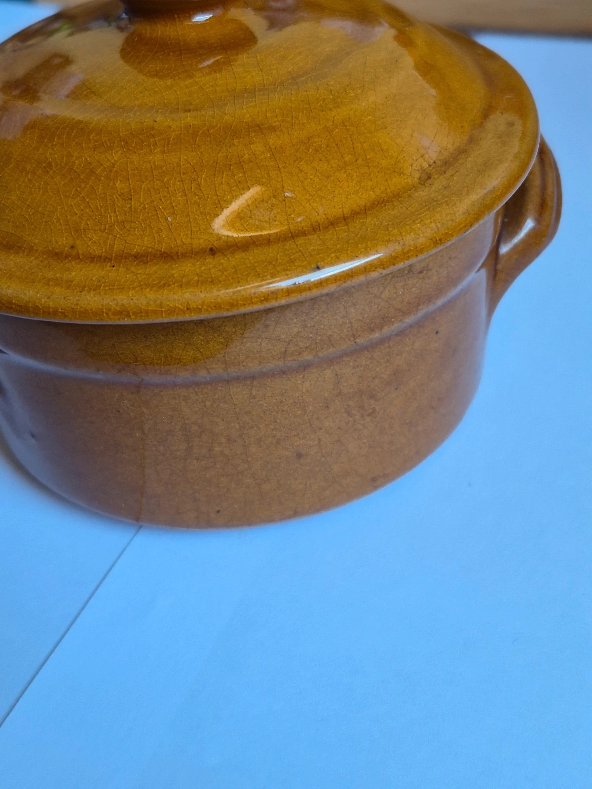 Mini cocotte grès ancienne jaune ocre individuelle couvercle vintage 3