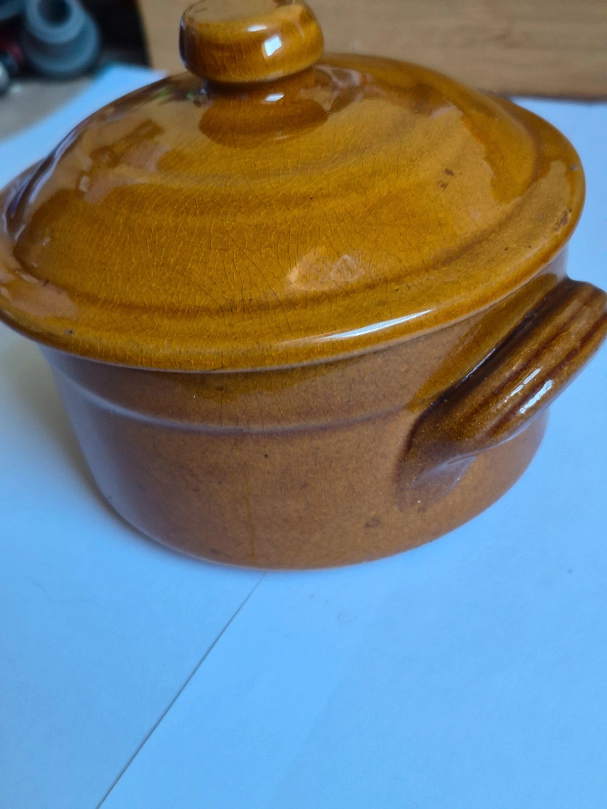 Mini cocotte grès ancienne jaune ocre individuelle couvercle vintage 4