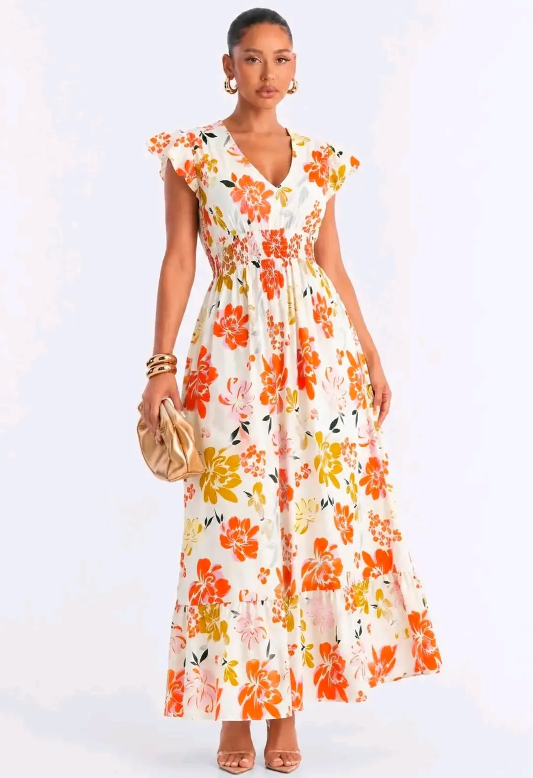 Robe longue fleurie blanc orange jaune 3