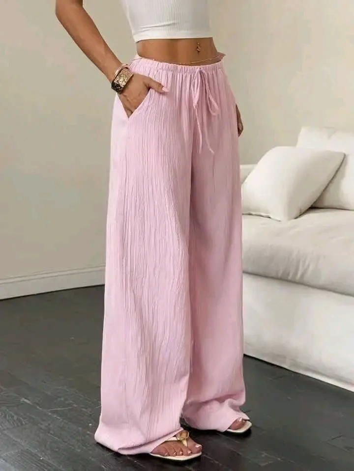 Pantalon large rose clair texturé 3