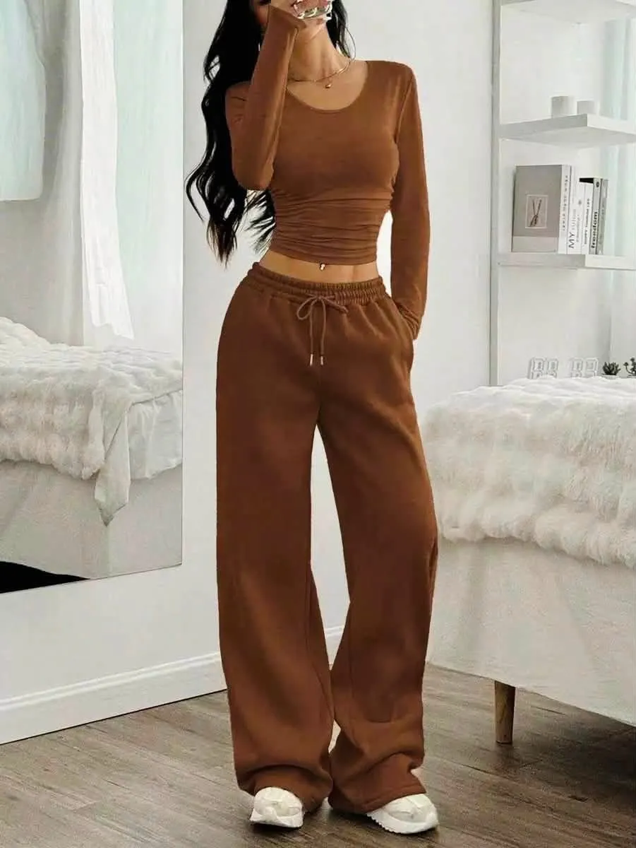 Ensemble deux pièces marron crop top pantalon 2