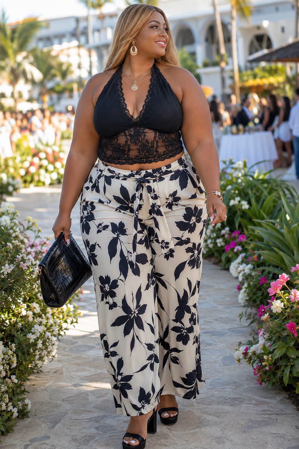 Pantalon large fleurs noir crème 3