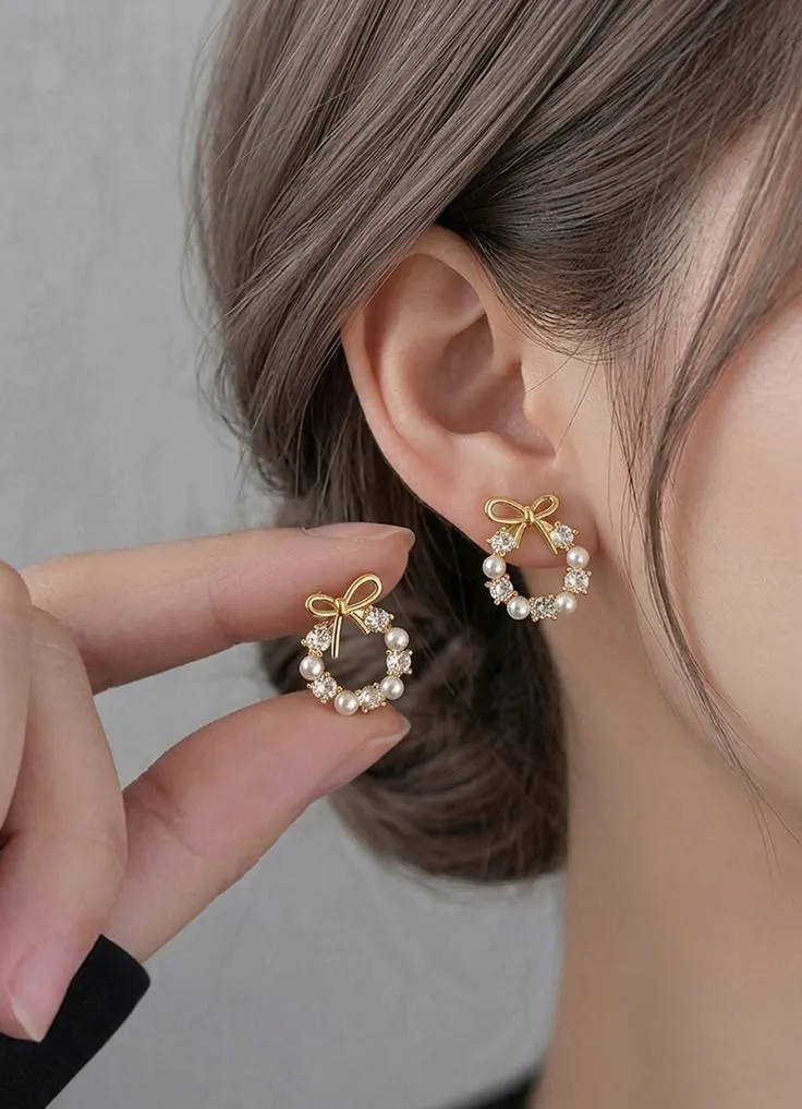 Boucles d'oreilles noeud perles dorées