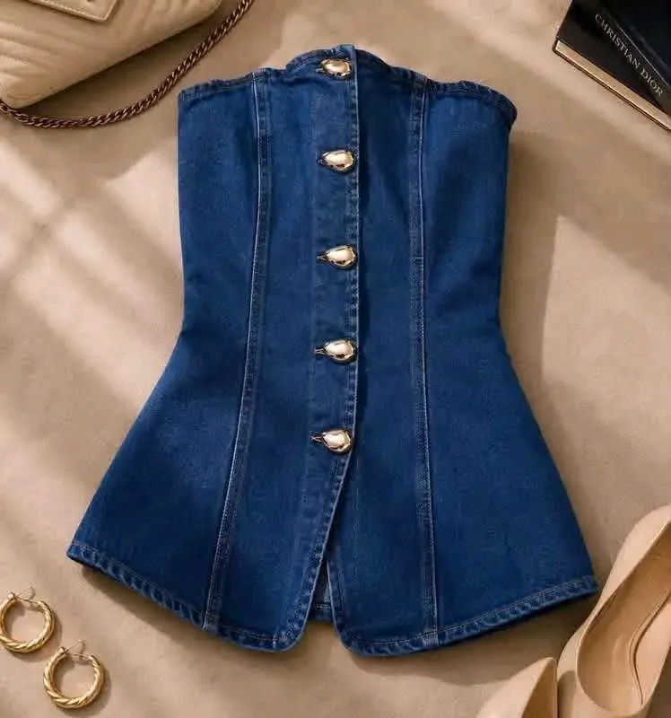 Corset bustier denim bleu boutons dorés
