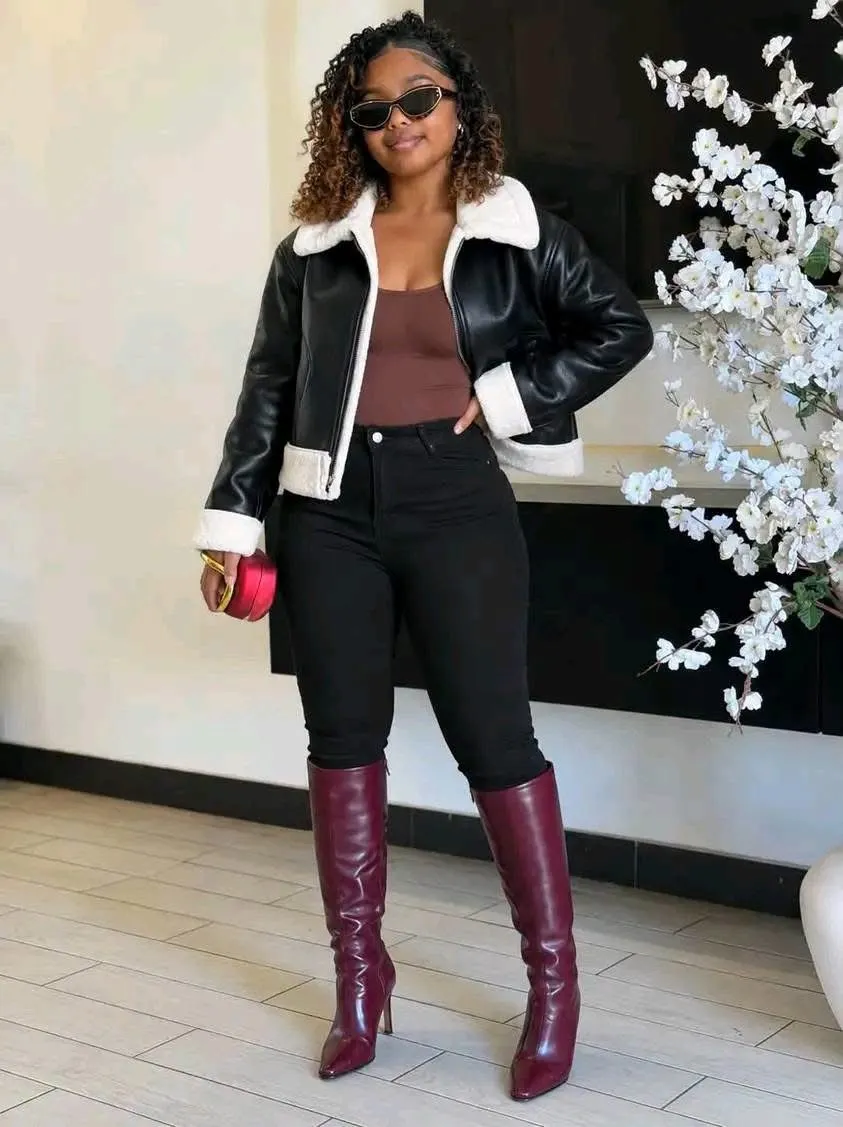 Veste cuir noir doublure sherpa blanc 3