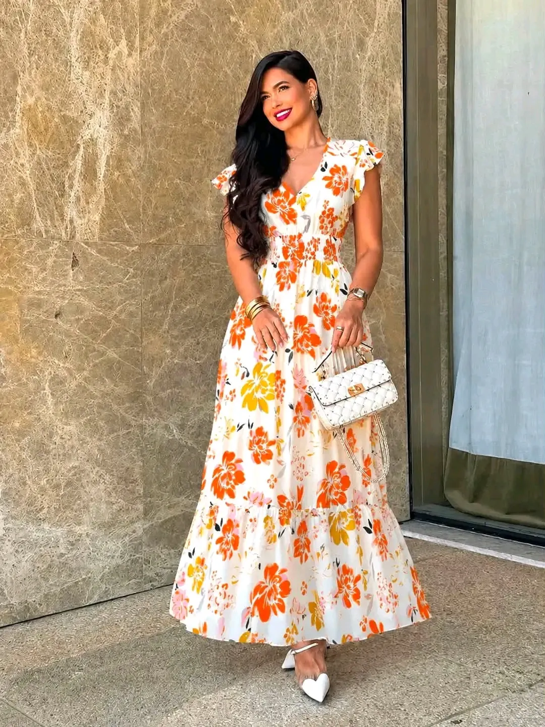 Robe longue fleurie blanc orange jaune 2