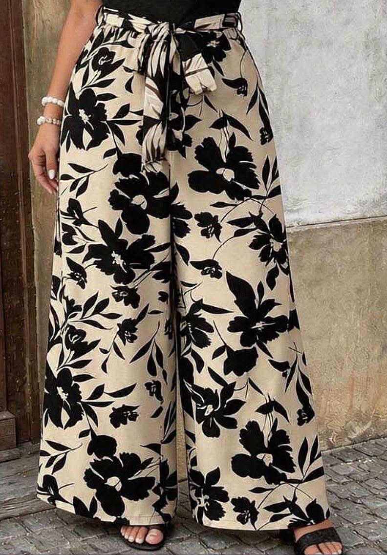 Pantalon large fleurs noir crème
