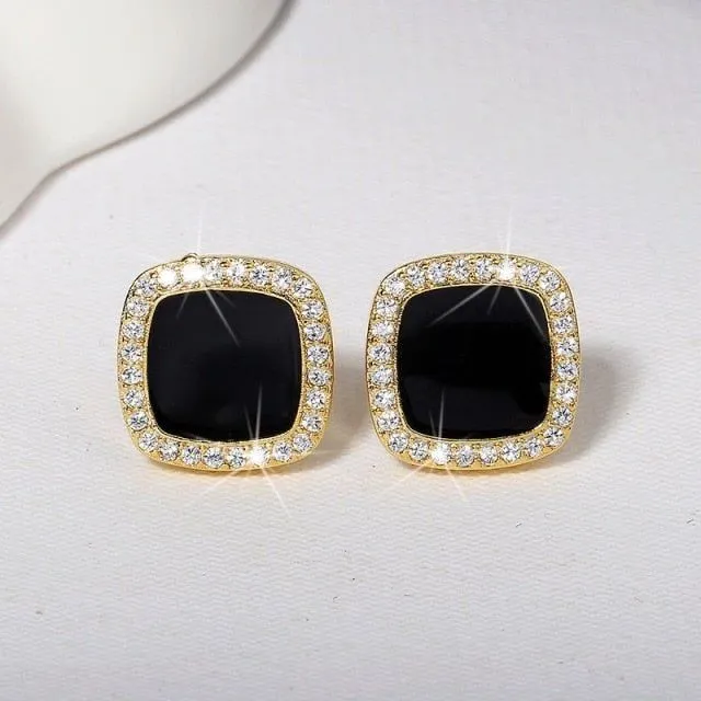 Boucles d'oreilles carrées strass noir doré 2