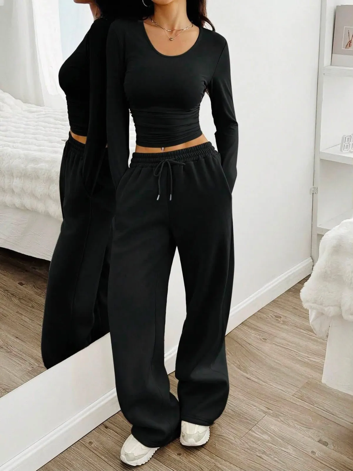 Ensemble deux pièces marron crop top pantalon 3