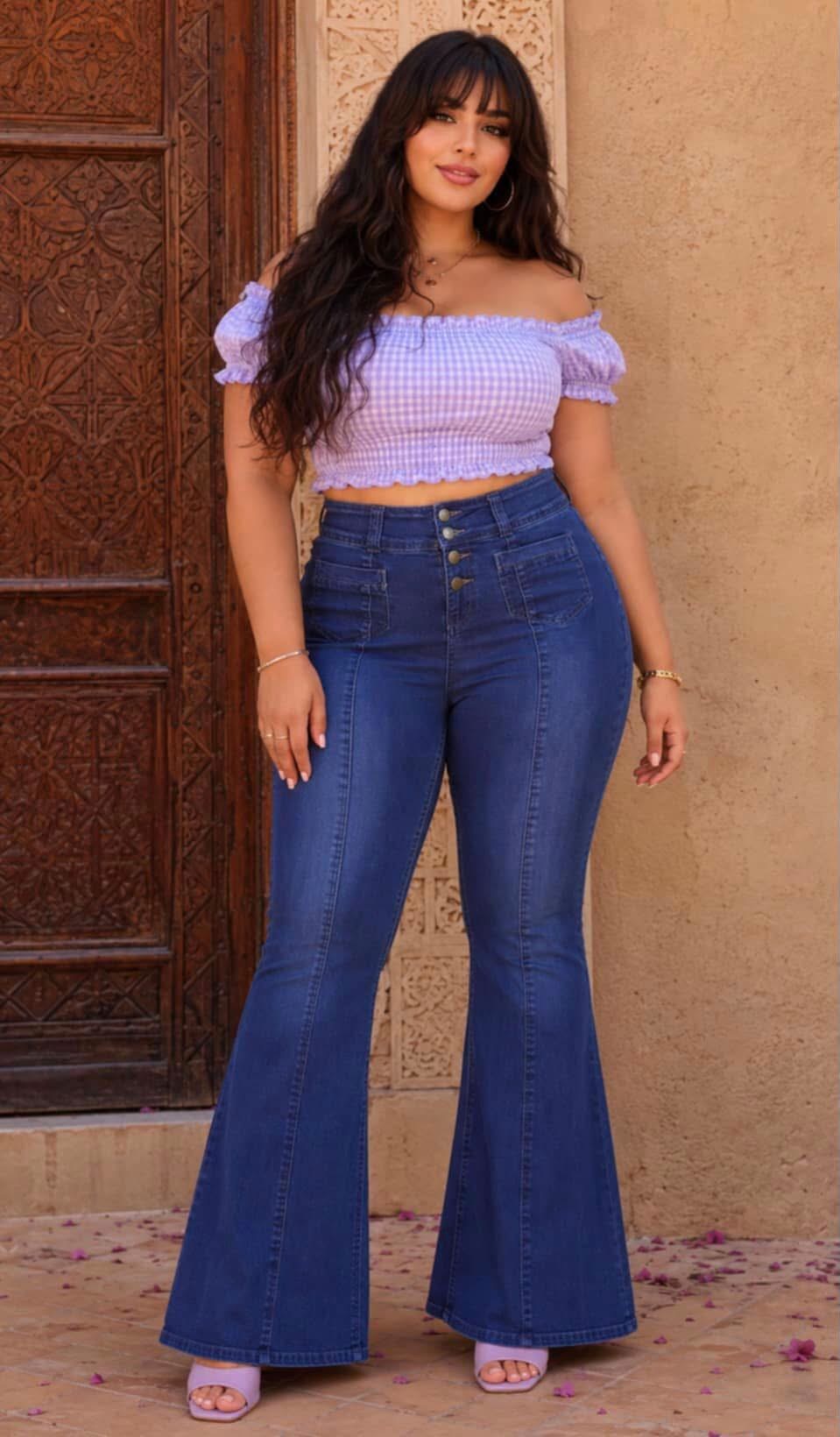 Top à carreaux rose et jean taille haute évasé