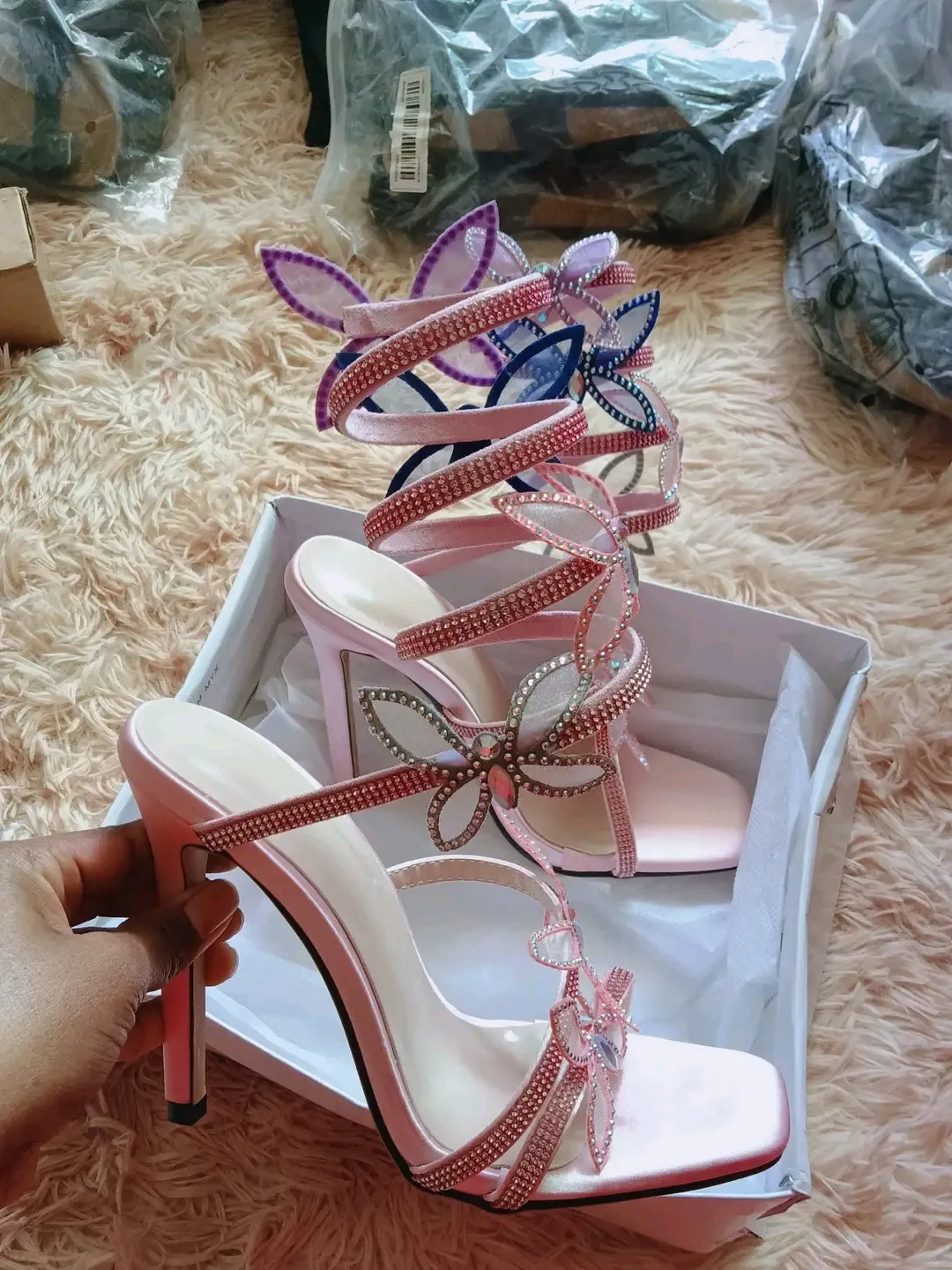 Sandales à talons strass rose et blanc